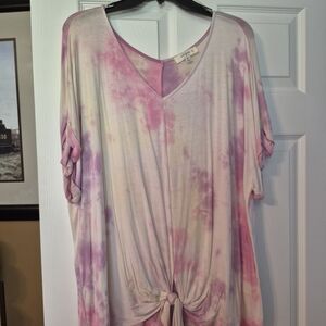 Umgee Pink and Cream Tie-Dye V-Neck Blouse
